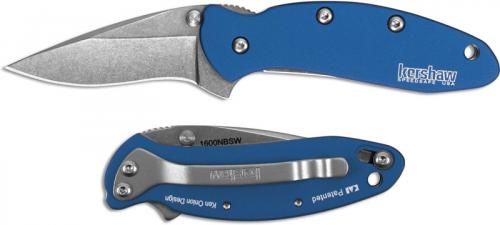 Kershaw Chive 1600NBSW - Stonewash Blade - Blue Aluminum - SpeedSafe Assist - Flipper Folder - USA Made