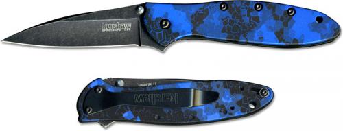 Kershaw Leek Digital Blue 1660DBLU - BlackWash Drop Point - Digital Blue Aluminum - SpeedSafe Assist - Flipper Folder - USA Made