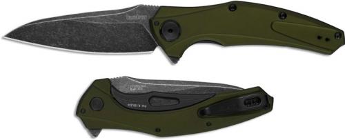 Kershaw Bareknuckle 7777OLBW Knife - BlackWash Drop Point - Olive Aluminum - KVT Flipper Folder - USA Made