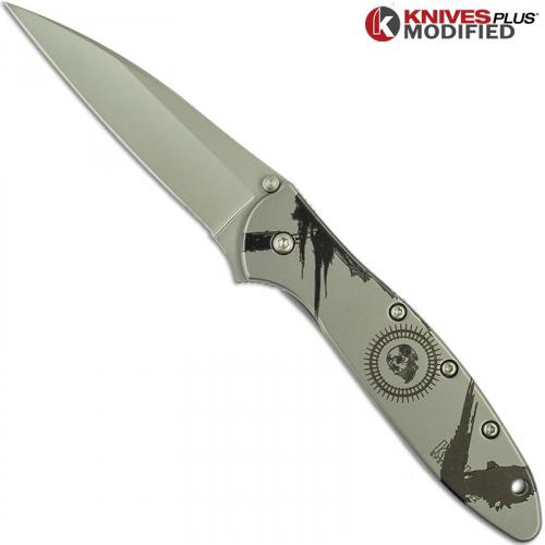 ENGRAVED Kershaw Leek 1660 A/O Flipper Knife - Skull w/Brushstrokes