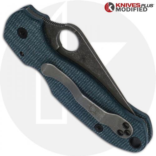 MODIFIED Spyderco Para 3 Knife with Acid Stonewash Blade + KP Blue Linen Micarta Scales + All Black Hardware