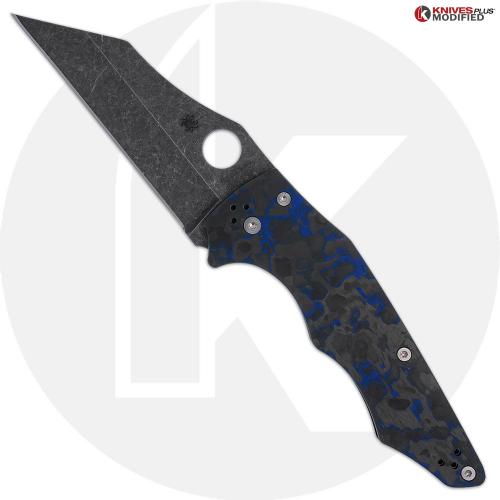 MODIFIED Spyderco Yojumbo Knife C253GP - Acid Stonewash Blade - KP Blue Shred Carbon Fiber Scales