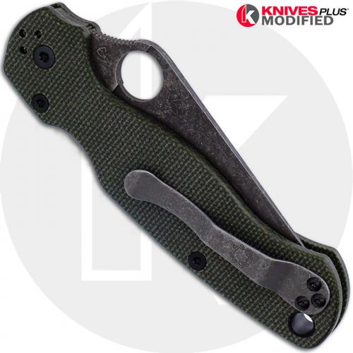 MODIFIED Spyderco Para Military 2 Knife with Acid Stonewash Blade + KP OD Green Micarta Scales + KP All Black Hardware