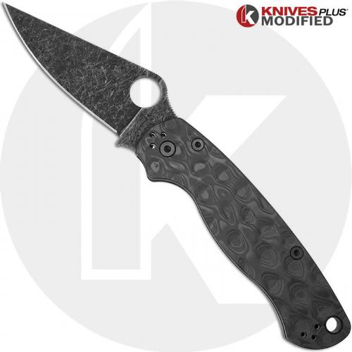 MODIFIED Spyderco Para Military 2 Knife with Acid Stonewash Blade + KP Damascus Pattern Carbon Fiber Scales + KP All Black Hardware