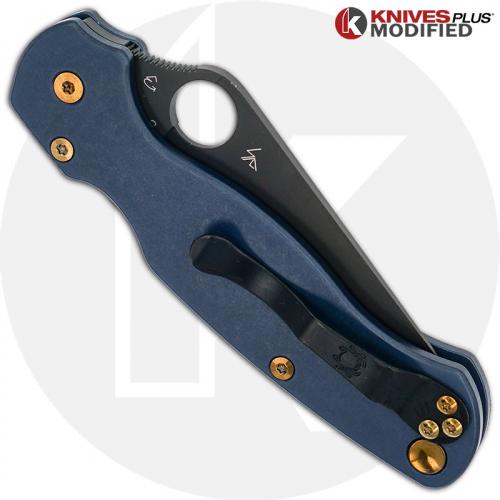 MODIFIED Spyderco Paramiliary 2 Knife - Black DLC - Exclusive AWT Smooth Midnight Blue Scales - Bronze Titanium Hardware