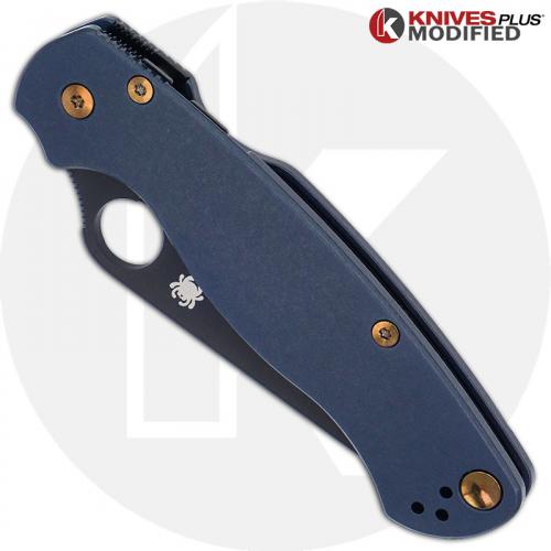 MODIFIED Spyderco Paramiliary 2 Knife - Black DLC - Exclusive AWT Smooth Midnight Blue Scales - Bronze Titanium Hardware