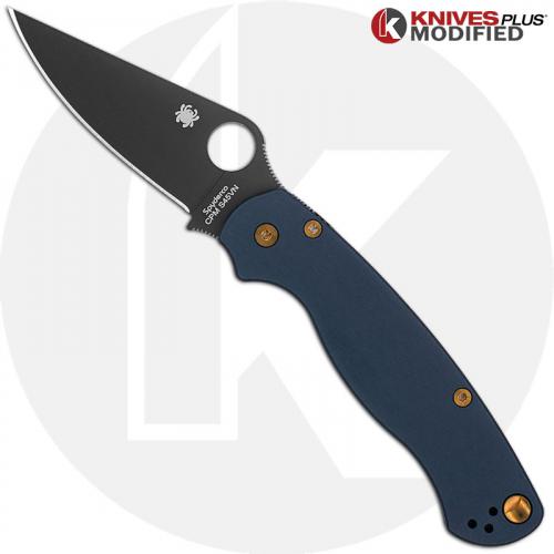 MODIFIED Spyderco Paramiliary 2 Knife - Black DLC - Exclusive AWT Smooth Midnight Blue Scales - Bronze Titanium Hardware