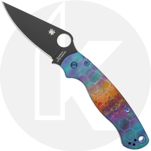 MODIFIED Spyderco Paramiliary 2 Knife - Black DLC - AWT Custom Anodized Scales - Blue Titanium Hardware