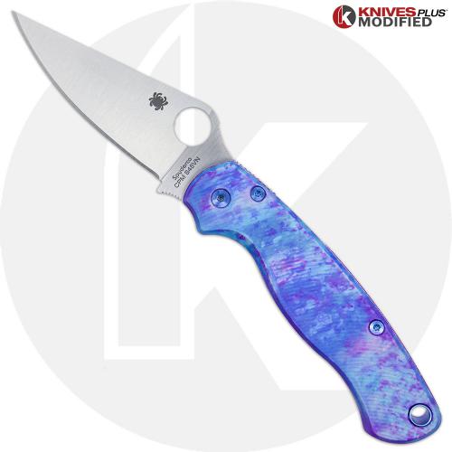 MODIFIED Spyderco Paramiliary 2 Knife - Satin Blade - AWT Agent Custom Anodized Scales - Blue Titanium Hardware