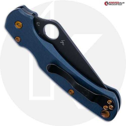 MODIFIED Spyderco Paramiliary 2 Knife - Black DLC - Exclusive AWT Agent SKINNY Midnight Blue Scales - Bronze Titanium Hardware