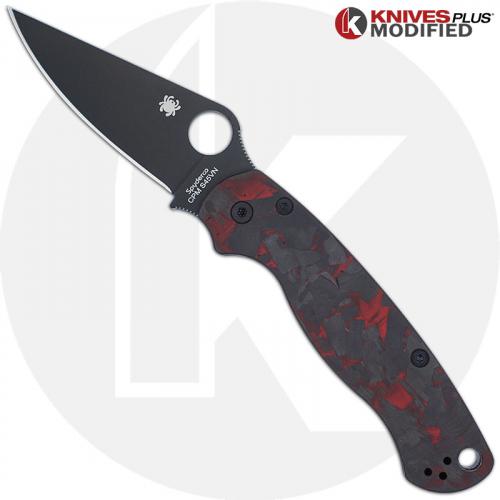 MODIFIED Spyderco Para Military 2 Knife with Black DLC Blade + KP Red Shred Carbon Fiber Scales