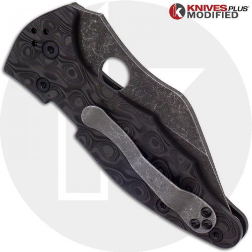 MODIFIED Spyderco Yojimbo 2 Knife with Acid Stonewash Blade + KP Damascus Pattern Carbon Fiber Scales + KP All Black Hardware