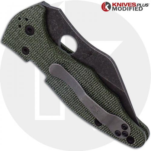 MODIFIED Spyderco Yojimbo 2 Knife with Acid Stonewash Blade + KP OD Green Micarta Scales + KP All Black Hardware