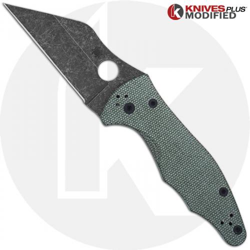 MODIFIED Spyderco Yojimbo 2 Knife with Acid Stonewash Blade + KP OD Green Micarta Scales + KP All Black Hardware