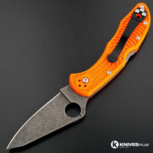 MODIFIED Spyderco Delica 4 - Acid Wash - Regrind - Orange Handle/Black Backspacer