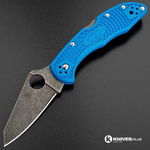 MODIFIED Spyderco Delica 4 - Acid Wash - Regrind - Blue Handle/Gray Backspacer