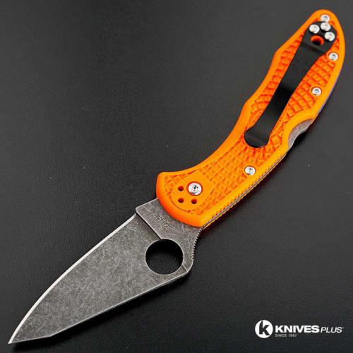 MODIFIED Spyderco Delica 4 - Acid Wash - Regrind - Orange Handle/Blue Backspacer