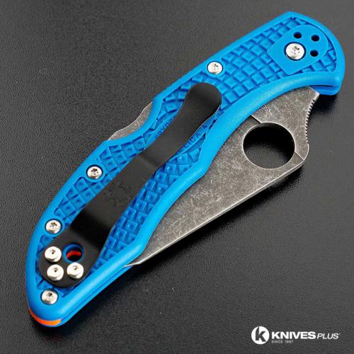 MODIFIED Spyderco Delica 4 - Acid Wash - Regrind - Blue Handle/Orange Backspacer