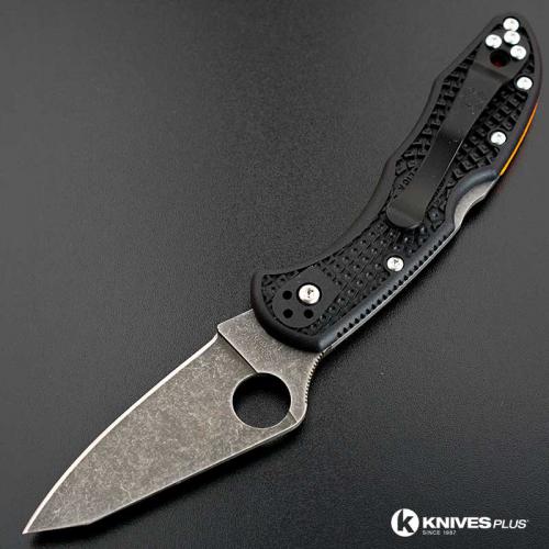 MODIFIED Spyderco Delica 4 - Acid Wash - Regrind - Black Handle/Orange Backspacer