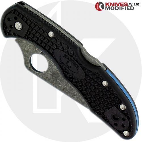 MODIFIED Spyderco Delica 4 - Thin Blue Line - Acid Wash - Regrind - Black Handle/Blue Backspacer