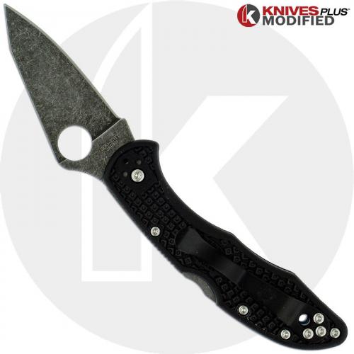 MODIFIED Spyderco Delica 4 - Thin Blue Line - Acid Wash - Regrind - Black Handle/Blue Backspacer