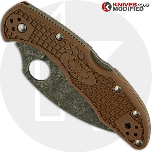 MODIFIED Spyderco Delica 4 - Wharncliffe - Acid Wash - Brown Handle