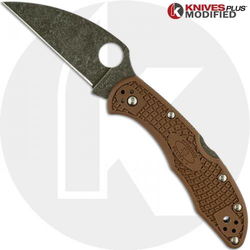 MODIFIED Spyderco Delica 4 - Wharncliffe - Acid Wash - Brown Handle