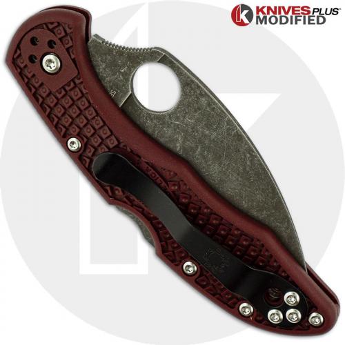 MODIFIED Spyderco Delica 4 - The Ron Burgundy - Wharncliffe - Acid Wash - Rit Dyed Handle