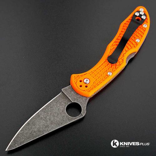 MODIFIED Spyderco Delica 4 - Acid Wash -  Orange Handle/Blue Backspacer