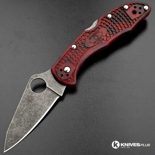 MODIFIED Spyderco Delica 4 - S30V - Acid Stonewash - Regrind - Red and Black Zome - Rit Dye Handle