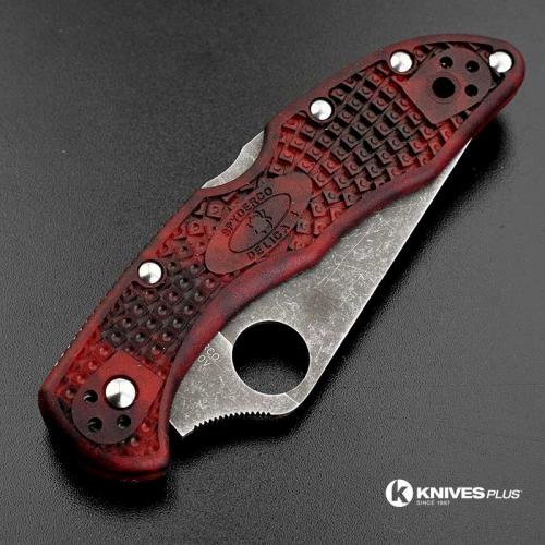 MODIFIED Spyderco Delica 4 - S30V - Acid Stonewash - Red and Black Zome - Rit Dye Handle