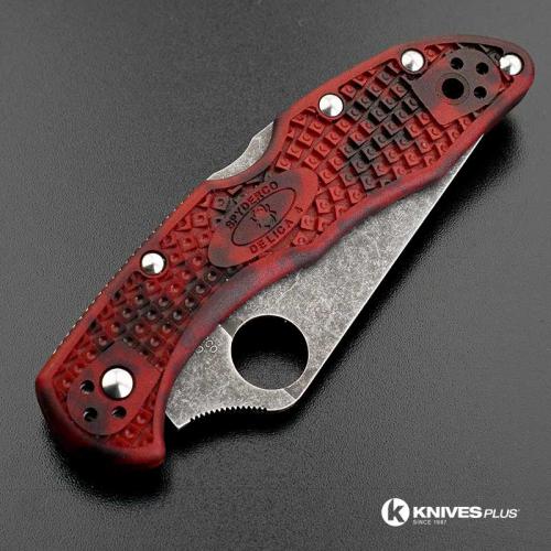 MODIFIED Spyderco Delica 4 - VG10 - Acid Stonewash - Red and Black Zome - Rit Dye Handle