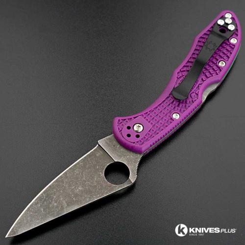 MODIFIED Spyderco Delica 4 - Acid Wash -  Purple Handle/Green Backspacer