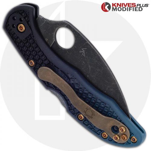 MODIFIED Spyderco K390 Wharncliffe Delica Knife - Acid Stonewash - Heat Color Hardware - Rit Dye Fade