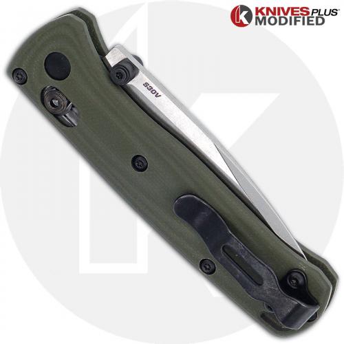 MODIFIED Benchmade Mini Bugout 533 Knife + KP Contoured OD Green G10 Scales + KP Black Thumbstud & Standoffs