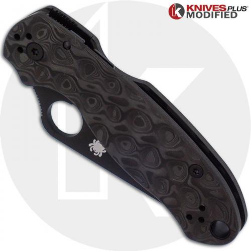 MODIFIED Spyderco Para 3 Black DLC Knife + KP Damascus Pattern Carbon Fiber Scales