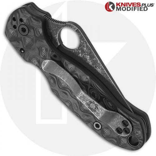 MODIFIED Spyderco Para 3 Knife with Acid Stonewash Blade + KP Damascus Pattern Carbon Fiber Scales + All Black Hardware