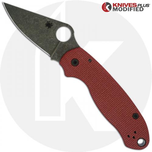 MODIFIED Spyderco Para 3 Knife with Acid Stonewash Blade + KP Red Linen Micarta Scales + All Black Hardware