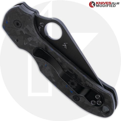 MODIFIED Spyderco Para 3 Black DLC Knife + KP SKINNY Blue Shred Carbon Fiber Scales