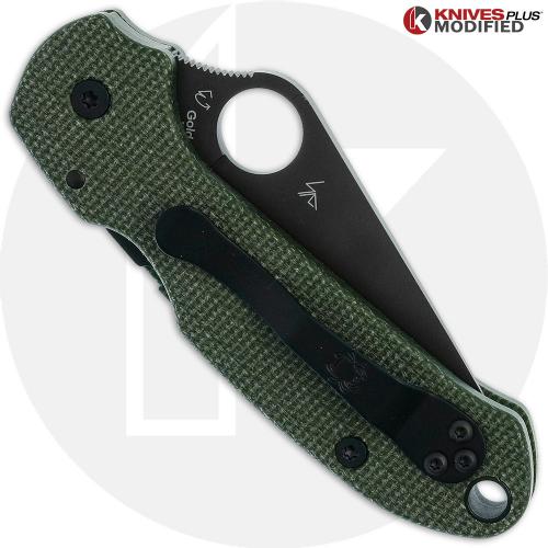 MODIFIED Spyderco Para 3 Black DLC Knife + KP SKINNY OD Green Micarta Scales