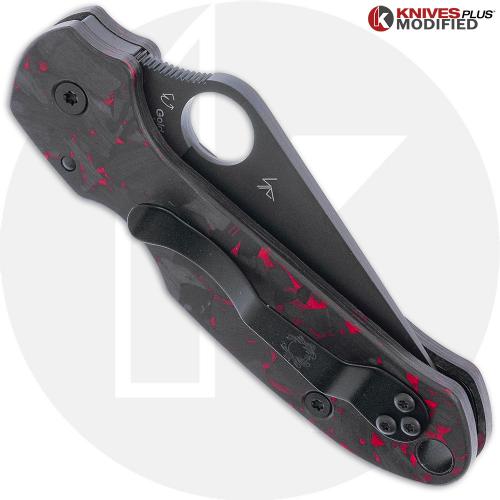MODIFIED Spyderco Para 3 Black DLC Knife + KP SKINNY Red Shred Carbon Fiber Scales