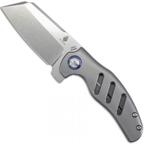 Kizer c01c Mini Sheepdog Ki3488A1 - Chris Conaway - Stonewash Cleaver Style - Natural Titanium - Frame Lock Flipper Folder