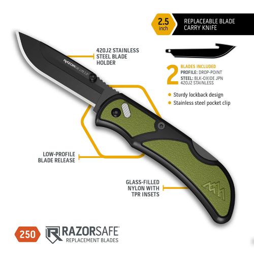 Outdoor Edge RazorWork RCG25-2C - 2.5 Inch Replaceable Blades - Black GFN/OD Green TPR Handle