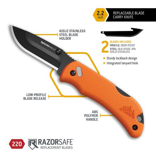 Outdoor Edge RazorMini RMB22-2C Knife - Replaceable Drop Point Blades - Orange Handle