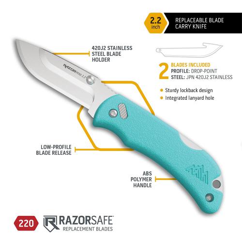 Outdoor Edge RazorMini RMG22-2C Knife - Replaceable Drop Point Blades - Aqua Blue Handle