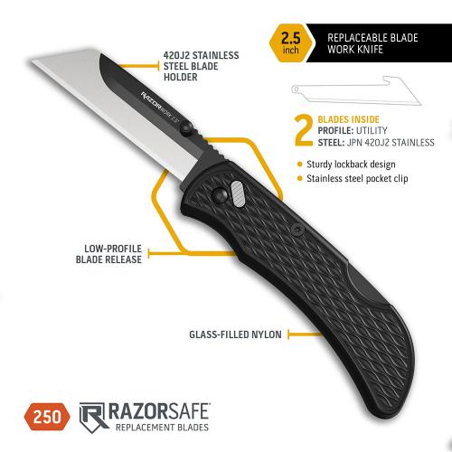 Outdoor Edge RazorWork RWK25-2C - 2.5 Inch Replaceable Blades - Black GFN Handle