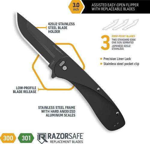 Outdoor Edge Razor VX1 VX130B Knife - Assisted - Black 3.0-Inch Replaceable Blade - Black Anodized Aluminum - Flipper Folder