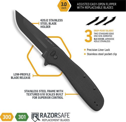 Outdoor Edge Razor VX2 VX230B Knife - Assisted - Black 3.0-Inch Replaceable Blade - Black G10 - Flipper Folder