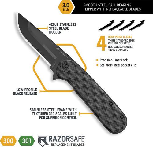 Outdoor Edge Razor VX3 VX330A Knife - Assisted - Black 3.0-Inch Replaceable Blade - Black G10 - Flipper Folder
