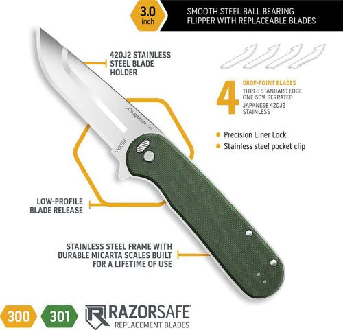 Outdoor Edge Razor VX3 VX330B Knife - Assisted - 3.0-Inch Replaceable Blade - Green Micarta - Flipper Folder